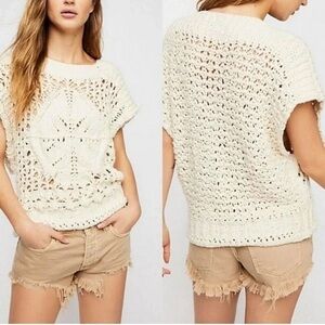 Free People Crochet Open Knit Cap Sleeve Oversized Boxy Boho Sweater Small